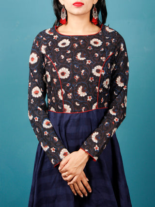 Indigo Maroon Ivory Hand Block Printed Cotton Asymmetrical Dress - D216F1401