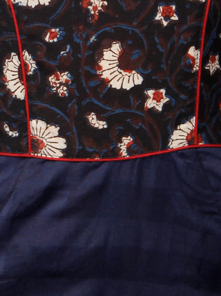 Indigo Maroon Ivory Hand Block Printed Cotton Asymmetrical Dress - D216F1401