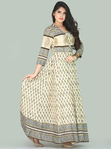 Naaz Fariha - Hand Block Printed Long Cotton Embroidered Dress With Lining - DS109F001