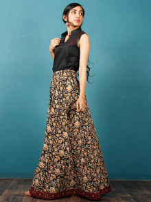 Black Mustard Ivory Hand Block Printed Skirt With Maroon Ajrakh Border  - S40F578