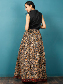 Black Mustard Ivory Hand Block Printed Skirt With Maroon Ajrakh Border  - S40F578