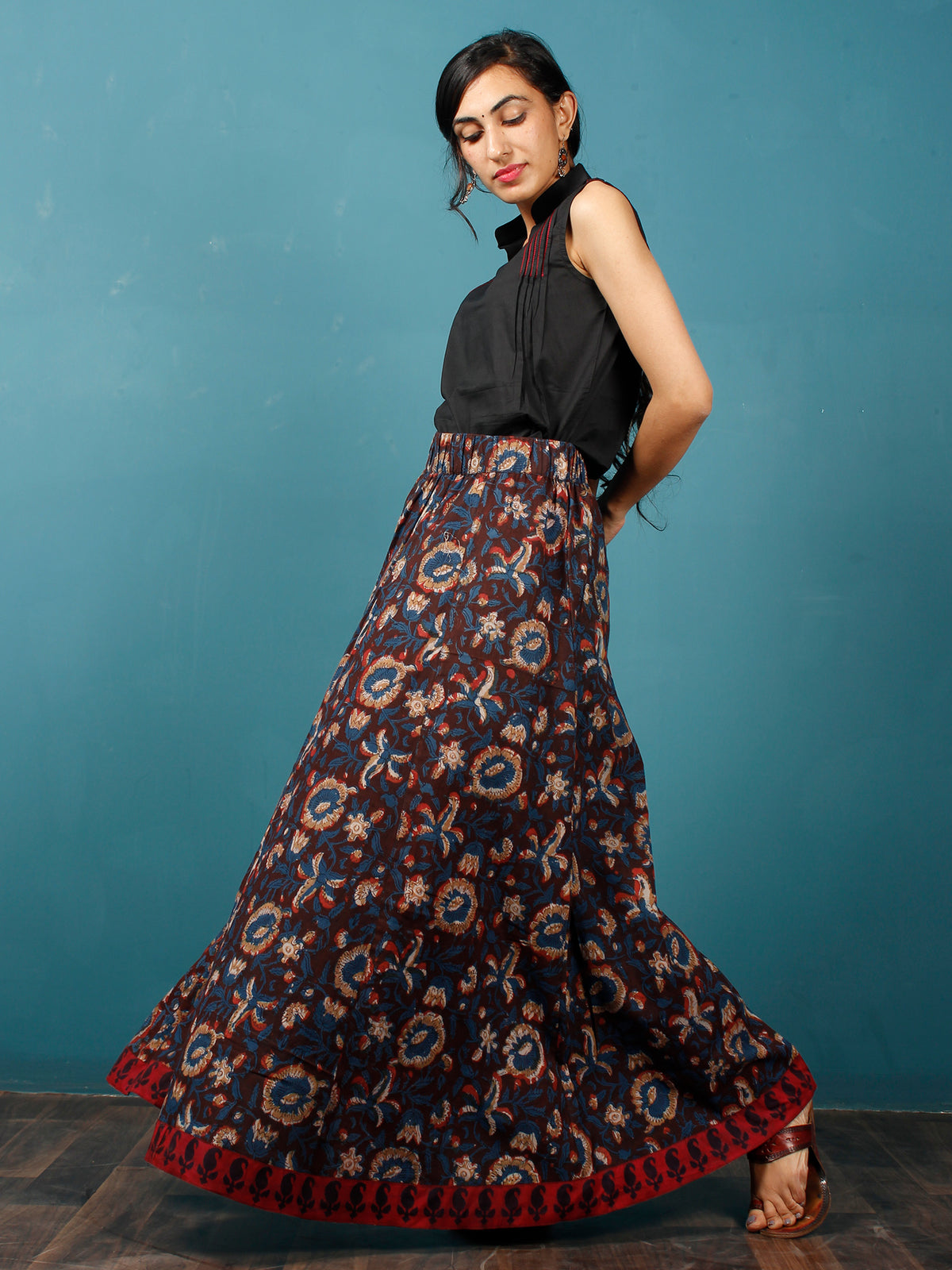 Brown Indigo Rust Beige Hand Block Printed Skirt With Maroon Ajrakh Border  - S40F613