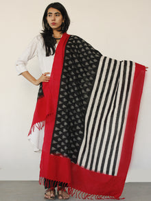 Red White & Black  Ikat Handwoven Pochampally Cotton Dupatta -  D04170155