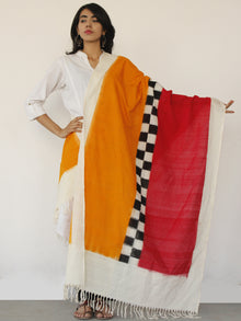 Ivory Red Orange Black Double Ikat Handwoven Pochampally Cotton Dupatta -  D04170140