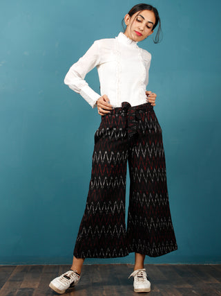 Black Maroon White Hand Woven Ikat Culottes Trousers With Belt- T032F1239