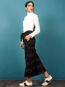 Black Maroon White Hand Woven Ikat Culottes Trousers With Belt- T032F1239