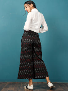 Black Maroon White Hand Woven Ikat Culottes Trousers With Belt- T032F1239