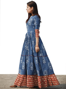 Indigo Red Beige Long Hand Block Paisely Printed Cotton Tier Dress  - D179F1101