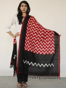 Black Red & White Ikat Handwoven Pochampally Cotton Dupatta -  D04170156