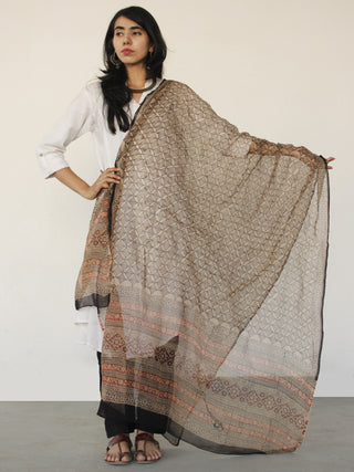 Beige Black Kota Doria Cotton Hand Black Printed Dupatta  - D04170160