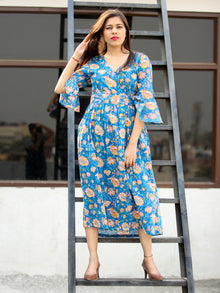 Gulrukh - Hand Block Printed Cotton Wrap Midi Dress With Bell Sleeves - D99F2281