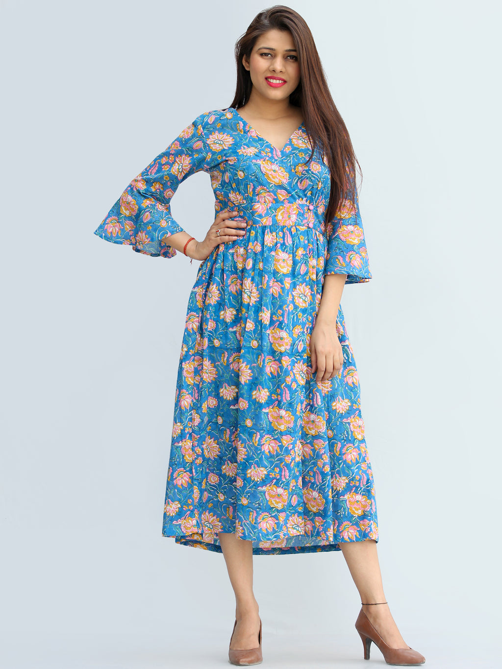 Gulrukh - Hand Block Printed Cotton Wrap Midi Dress With Bell ...