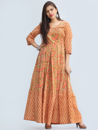 Gulzar Sahat - Hand Block Printed Pleated Long Angrakha Dress - D427F2272