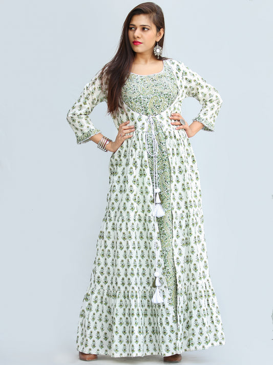 Gulzar Parinaz - Hand Block Printed Pleated Long Cape Dress With Tunic - D428F2274