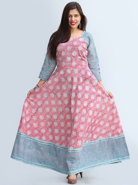 Gulzar Farzaan - Hand Block Printed Urave Cut Long Cotton Dress With Raglan Sleeves - D429F2269