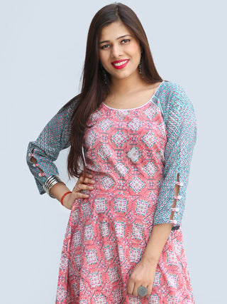 Gulzar Farzaan - Hand Block Printed Urave Cut Long Cotton Dress With Raglan Sleeves - D429F2269