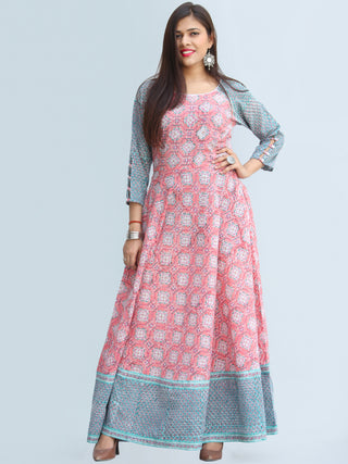 Gulzar Farzaan - Hand Block Printed Urave Cut Long Cotton Dress With Raglan Sleeves - D429F2269