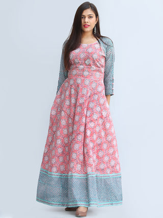 Gulzar Farzaan - Hand Block Printed Urave Cut Long Cotton Dress With Raglan Sleeves - D429F2269