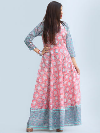 Gulzar Farzaan - Hand Block Printed Urave Cut Long Cotton Dress With Raglan Sleeves - D429F2269