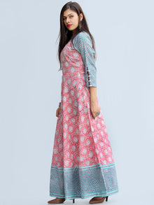 Gulzar Farzaan - Hand Block Printed Urave Cut Long Cotton Dress With Raglan Sleeves - D429F2269