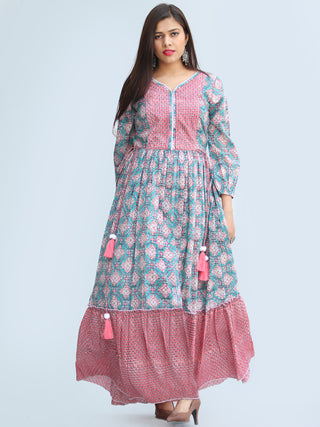Gulzar Ibadat - Hand Block Printed Tiered Long Dress With Tassels - D430F2267