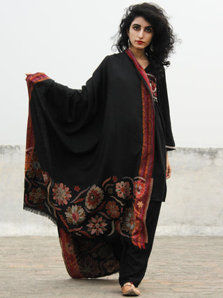 Black Maroon Brown Needle Outlined Embroidery Self Cashmere Shawl - S200511