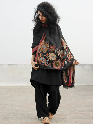Black Maroon Brown Needle Outlined Embroidery Self Cashmere Shawl - S200511
