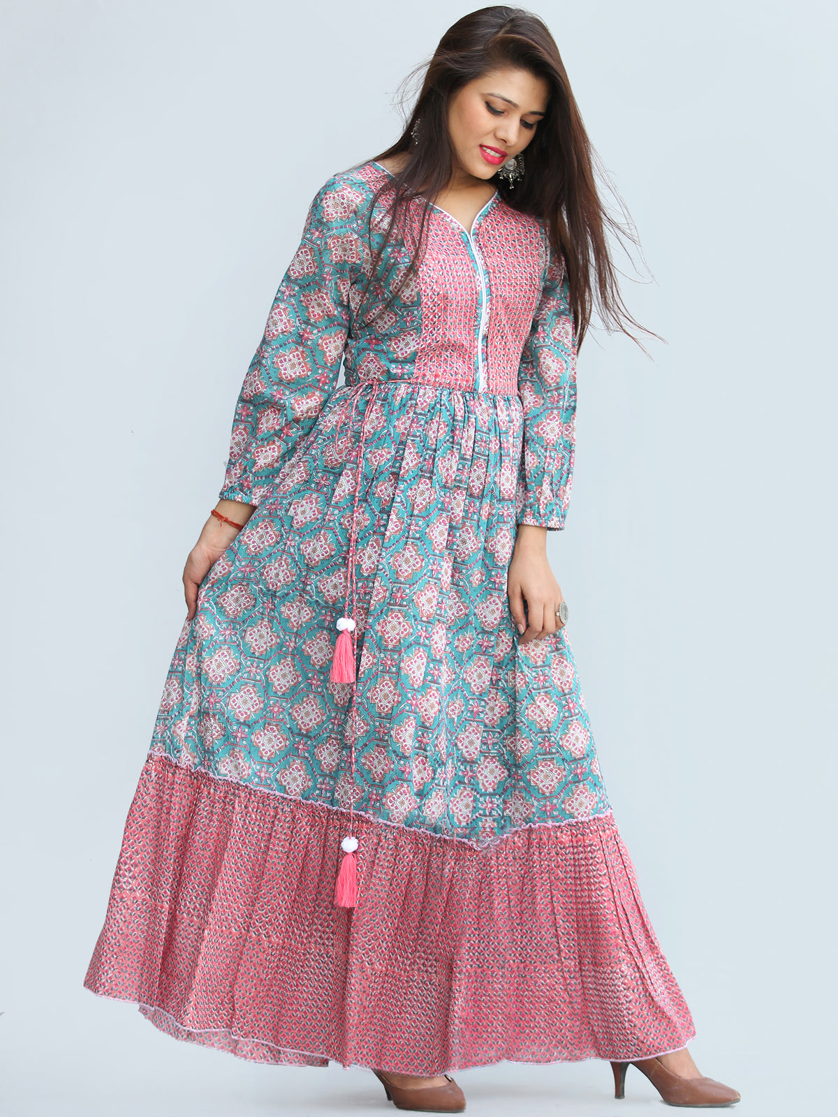 Gulzar Ibadat - Hand Block Printed Tiered Long Dress With Tassels - D430F2267