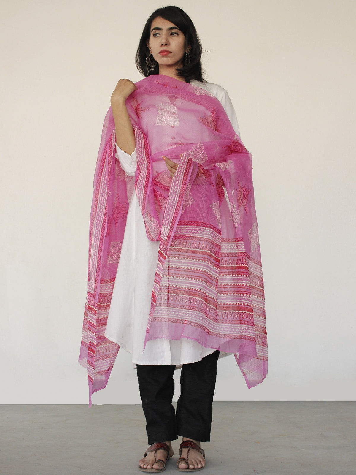 Pink & Red Kota Doria Cotton Hand Block Printed Dupatta  - D04170164
