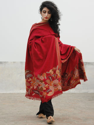 Maroon Beige Brown Needle Outlined Embroidery Self Cashmere Shawl - S200509