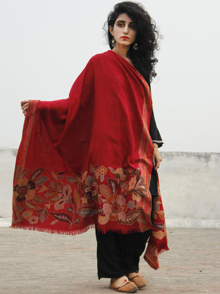 Maroon Beige Brown Needle Outlined Embroidery Self Cashmere Shawl - S200509