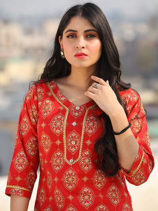 Raas Saaj - Red Block Printed Straight Kurta & Pants - KS89A2378