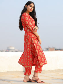 Raas Saaj - Red Block Printed Straight Kurta & Pants - KS89A2378