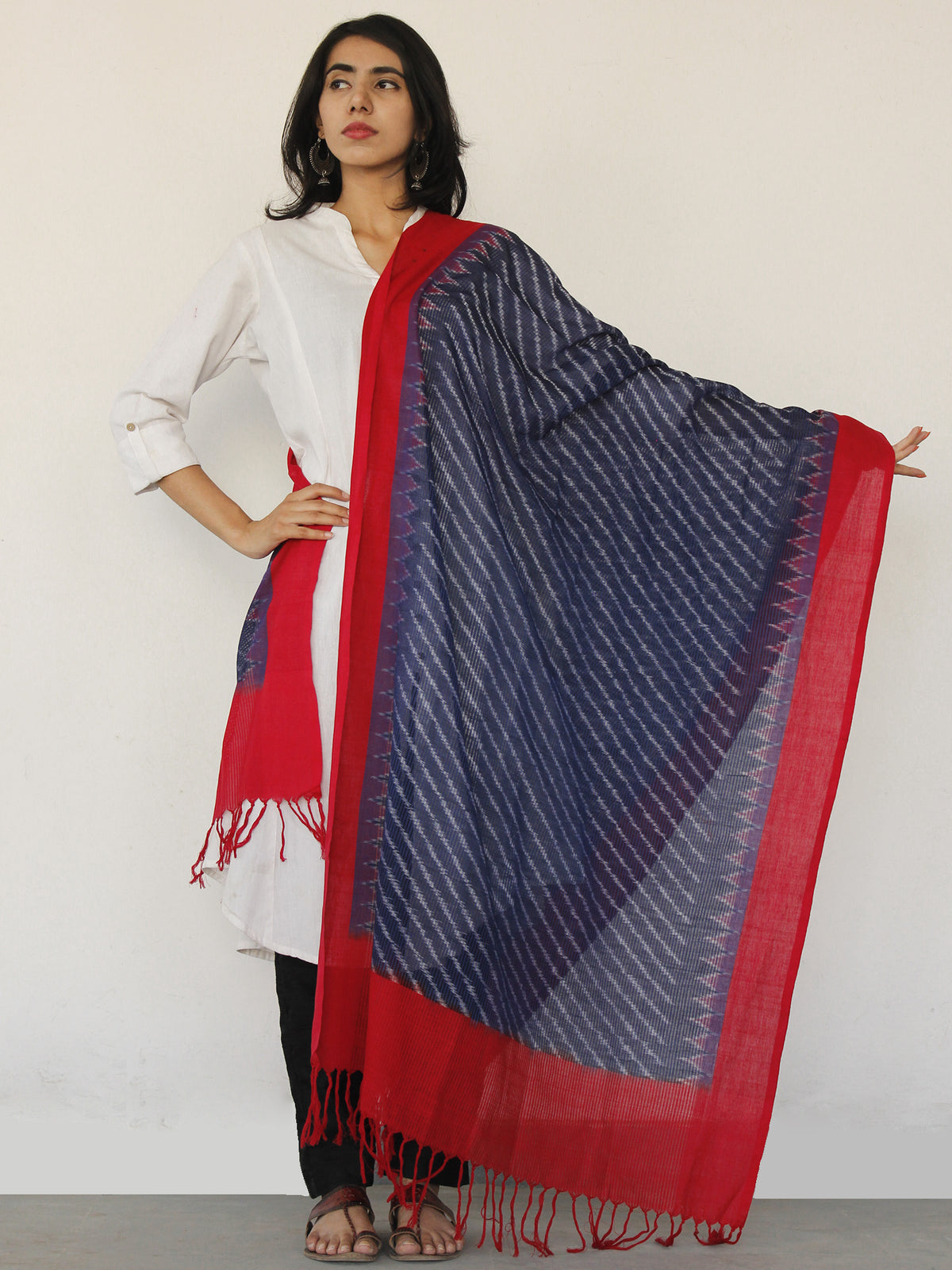 Indigo Red Grey Ikat Handwoven Pochampally Cotton Dupatta -  D04170141