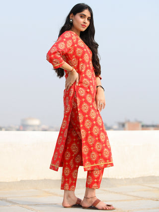 Raas Saaj - Red Block Printed Straight Kurta & Pants - KS89A2378