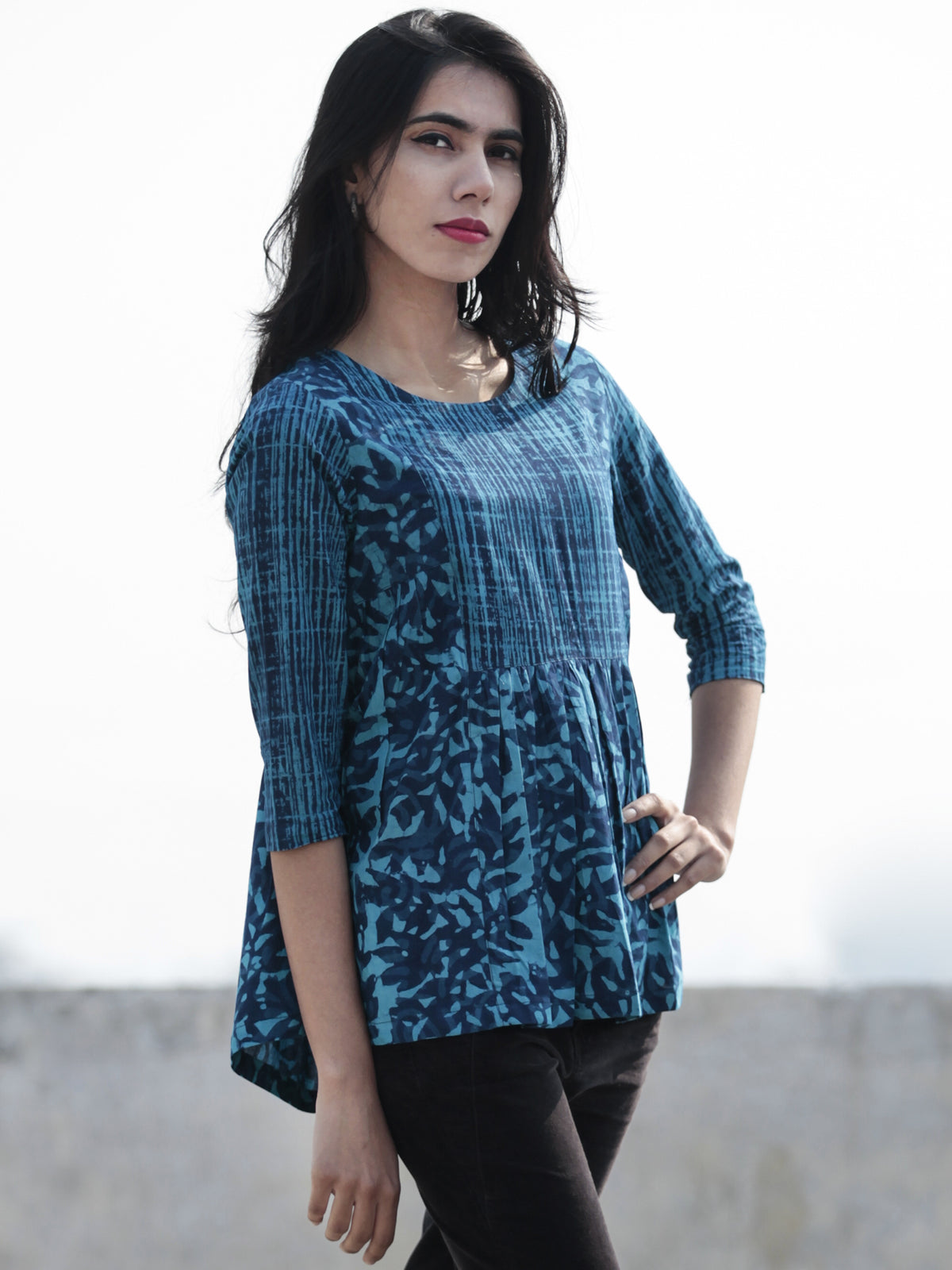Ink Blue And Cerulean Blue Hand Block Printed Cotton Top - T25F6456