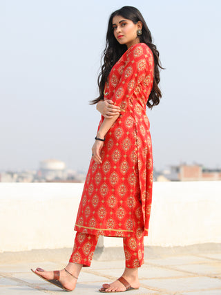 Raas Saaj - Red Block Printed Straight Kurta & Pants - KS89A2378
