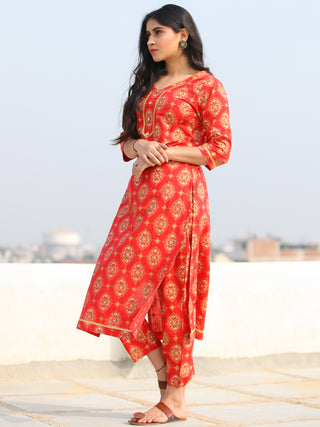 Raas Saaj - Red Block Printed Straight Kurta & Pants - KS89A2378