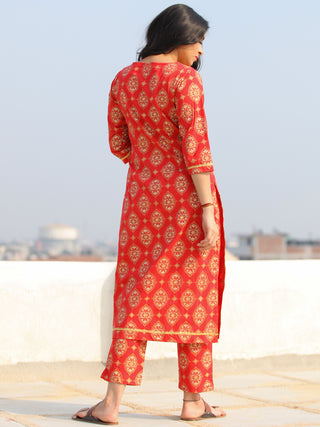 Raas Saaj - Red Block Printed Straight Kurta & Pants - KS89A2378