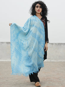 Azure Blue Ivory Cashmere Semi Pashmina Woolen Tie & Dye Stole - S6317193