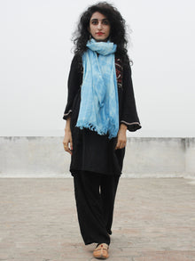 Azure Blue Ivory Cashmere Semi Pashmina Woolen Tie & Dye Stole - S6317193