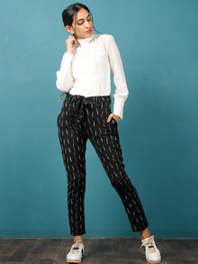 Black White Hand Woven Ikat Chinos Pants With Belt- T032F734