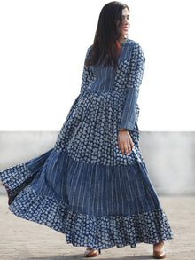 Indigo Ivory Long Hand Block Printed Long Cotton Tier Dress  - D139F1065