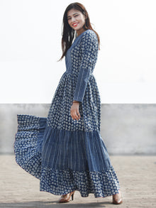 Indigo Ivory Long Hand Block Printed Long Cotton Tier Dress  - D139F1065