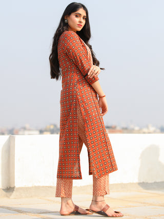 Raas Sameera - Red Ajrakh Block Printed Straight Kurta & Pants - KS60F2398