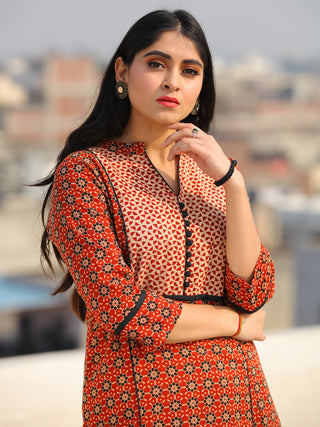 Raas Sameera - Red Ajrakh Block Printed Straight Kurta & Pants - KS60F2398