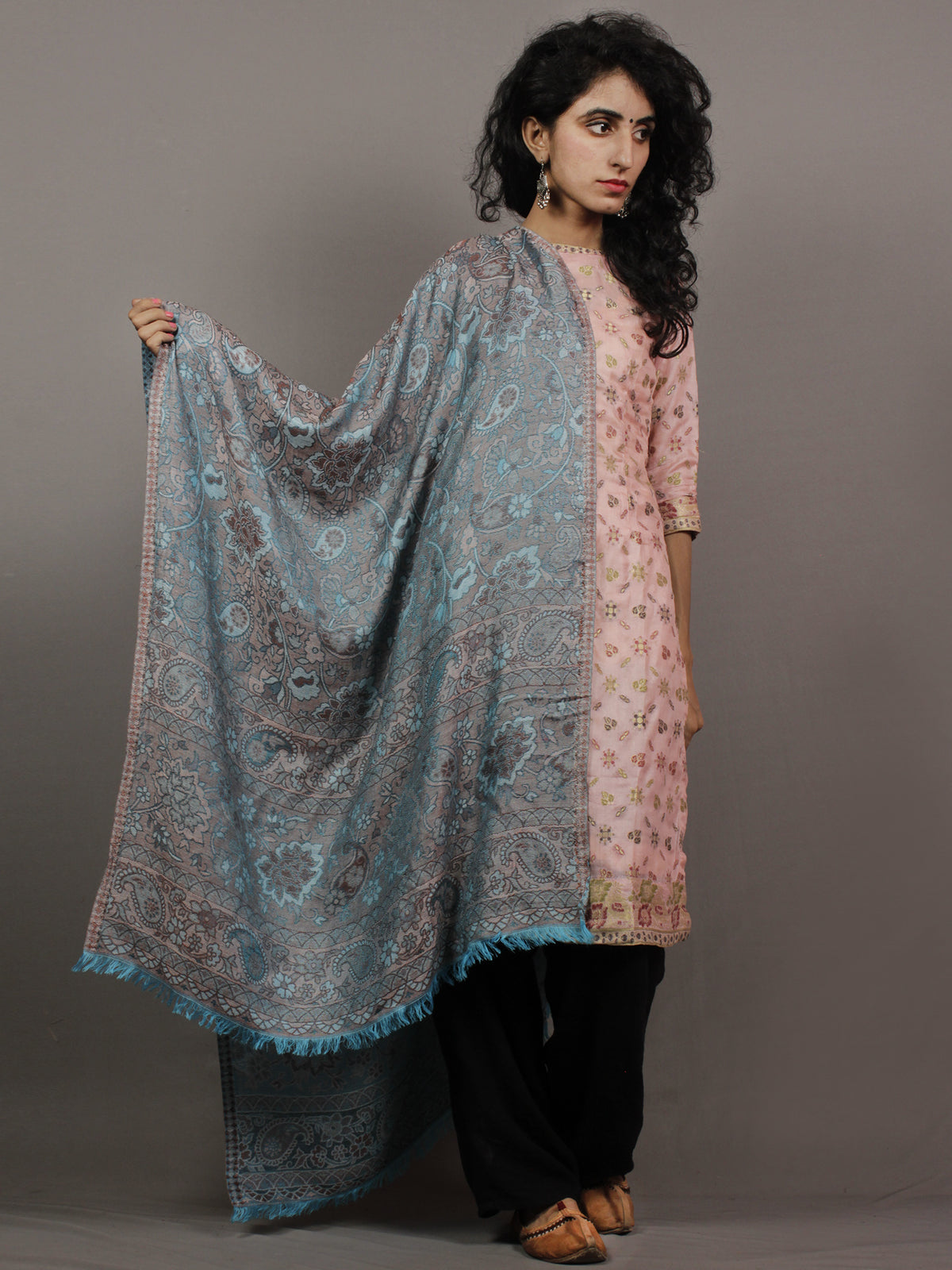 Azure Blue Brown Cashmere Jamawar Silk Woolen Stole - S6317204