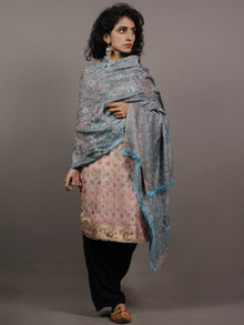 Azure Blue Brown Cashmere Jamawar Silk Woolen Stole - S6317204