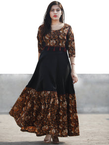 Black Rust Red White Hand Block Printed Cotton & Rayon Long Dress With Tassels - D181F1112