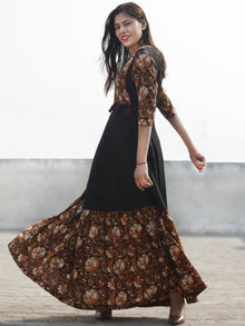 Black Rust Red White Hand Block Printed Cotton & Rayon Long Dress With Tassels - D181F1112